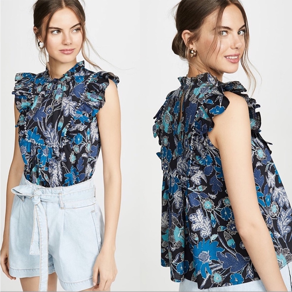 Ulla Johnson Navy Floral Ruffle Sleeveless Blouse